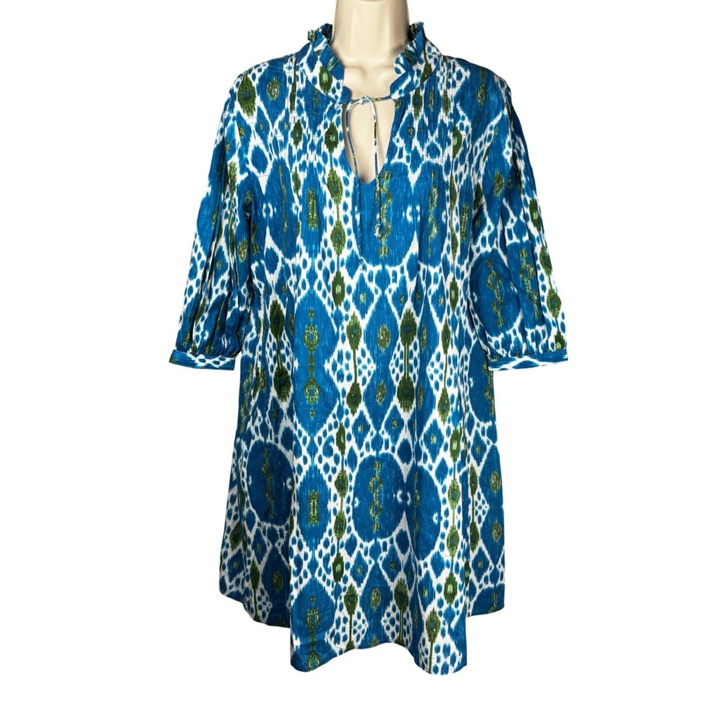 Fitzroy‎ & Willa Ikat Print Tunic Dress Womens M Ruffle Neck Boho Oversized